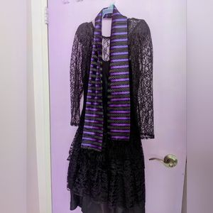 Halloween Black Witch Dress with Black and Purple Scarf